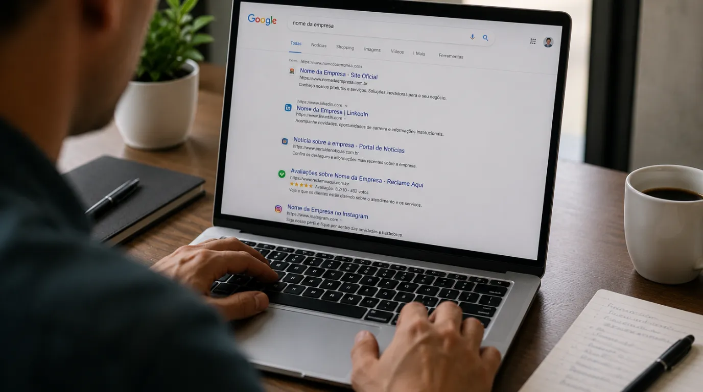 Profissional pesquisa o nome de uma empresa no Google utilizando um notebook em um ambiente corporativo moderno. Na tela, aparecem resultados de busca relacionados ao site oficial, redes sociais, avaliações online e notícias sobre a marca.