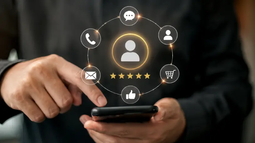 Pessoa utilizando um smartphone com ícones de atendimento, avaliação e relacionamento ao redor, representando como empresas podem proteger sua credibilidade por meio de uma experiência positiva do cliente e da confiança no ambiente digital.