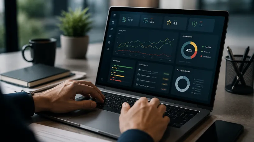 Posicionamento estratégico digital ilustrado por profissional analisando um painel de métricas em notebook, com gráficos, avaliações e indicadores de reputação, destacando monitoramento de desempenho, tomada de decisões e gestão da presença digital.