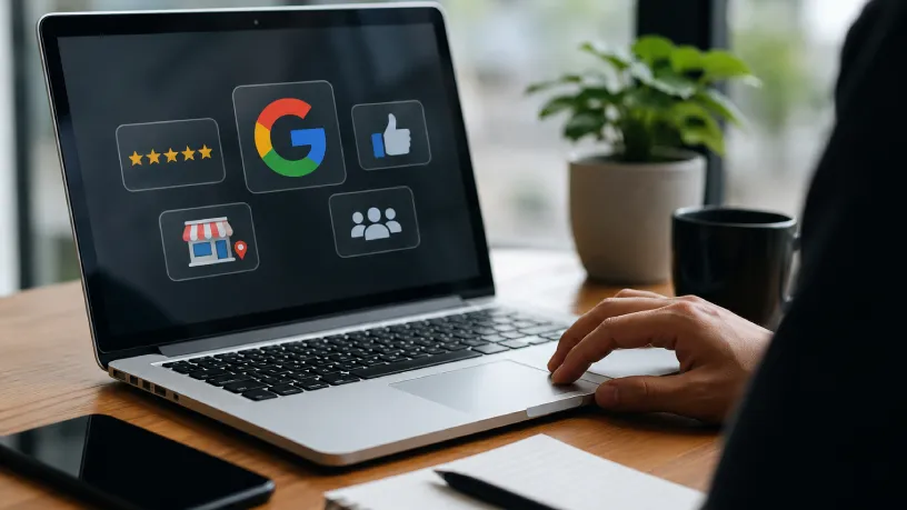 Profissional utilizando notebook para acompanhar avaliações, presença no Google e estratégias de reputação online. A imagem representa monitoramento digital e fortalecimento da credibilidade de empresas na internet, com ícones do Google, estrelas de avaliações, like no conteúdo, e o perfil da empresa no Google