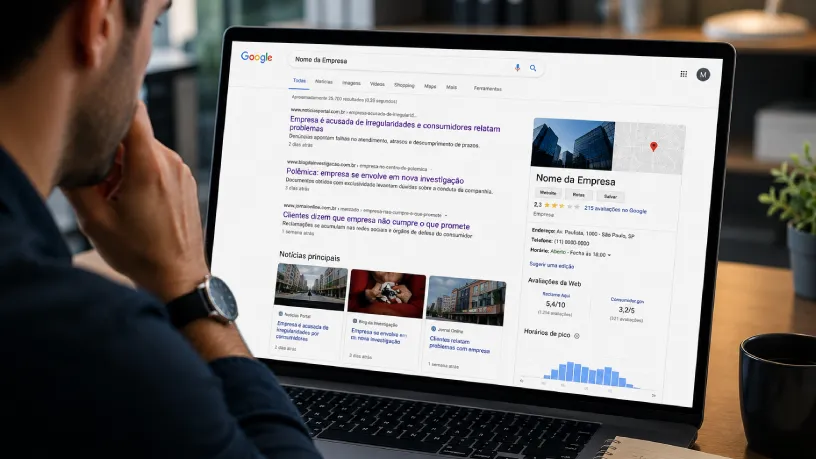 Empresário analisa os resultados de uma pesquisa no Google sobre sua empresa em um notebook, onde aparecem fake news relacionadas à marca e informações do perfil comercial.