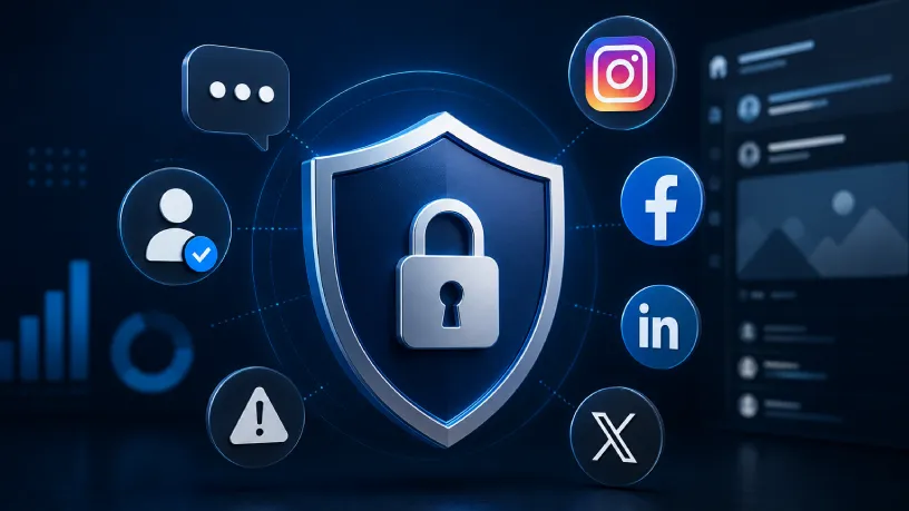 Escudo central azul com cadeado cercado pelos ícones do Instagram, Facebook, LinkedIn e X (Twitter), representando a segurança de marca e proteção de redes sociais.