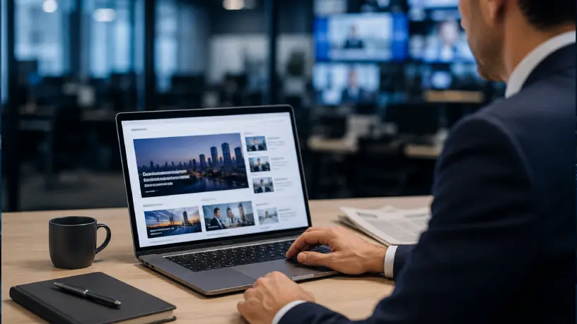 Executivo utiliza um notebook em um escritório moderno enquanto acessa um portal de notícias em um ambiente que remete a uma redação jornalística. A imagem representa a divulgação de notícias corporativas, fortalecimento da credibilidade empresarial e assessoria de imprensa digital
