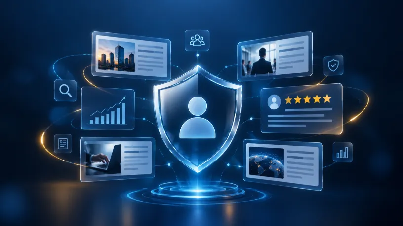 Imagem digital em tons de azul com um escudo central e ícone de perfil, cercado por avaliações, gráficos e conteúdos online, representando a proteção e o fortalecimento do ativo reputacional no ambiente digital.