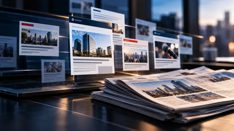 Imagem sobre posicionamento estratégico, com portais de notícias digitais e jornais em destaque, representando assessoria de imprensa digital, branded content e construção de autoridade em fontes confiáveis.