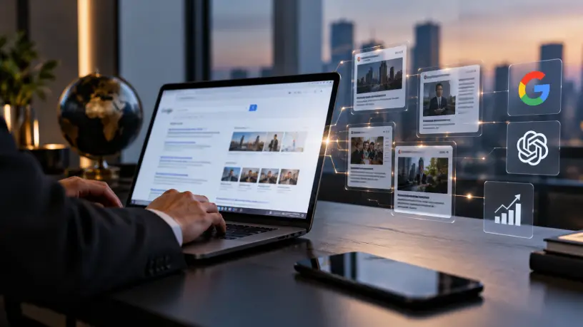 Imagem realista de um ambiente corporativo moderno, com profissional utilizando um notebook e painéis digitais ao redor, exibindo resultados de busca, conteúdos online, Google, ChatGPT e gráfico de crescimento, representando presença, reconhecimento e autoridade de marca no ambiente digital.