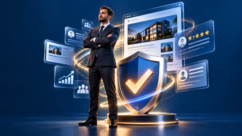A imagem mostra um executivo de terno ao lado de um grande escudo azul com símbolo de verificação, cercado por painéis digitais com avaliações, gráficos de crescimento, perfis e páginas online. Representando o branding digital