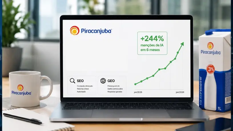 Executivo sentado diante de um notebook em um escritório moderno, analisando indicadores digitais enquanto elementos visuais de inteligência artificial, reputação online, avaliações, proteção de dados e monitoramento aparecem sobrepostos em uma interface futurista.