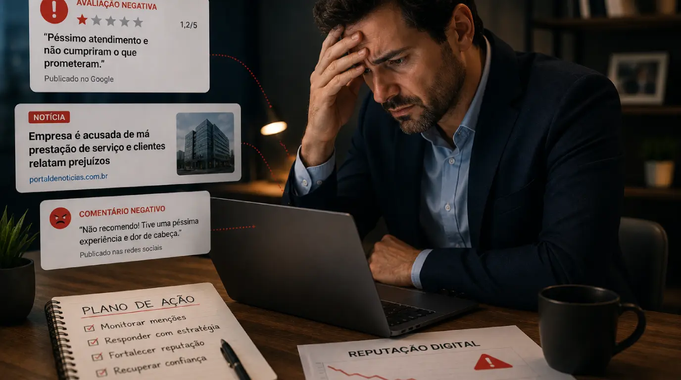 Imagem de um notebook aberto sobre uma mesa de madeira em um ambiente corporativo moderno. Na tela, aparece um perfil empresarial no Google Meu Negócio, exibindo avaliações de clientes, nota média de 4,8 estrelas e informações da empresa.