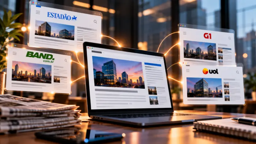 Imagem realista sobre branded content, com notebook cercado pelos portais Estadão, Band, G1 e UOL, conectados por linhas luminosas em um ambiente corporativo moderno.