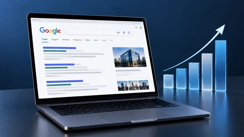 Notebook exibindo resultados do Google ao lado de gráfico crescente, representando como divulgar minha empresa e fortalecer sua presença nos mecanismos de busca.