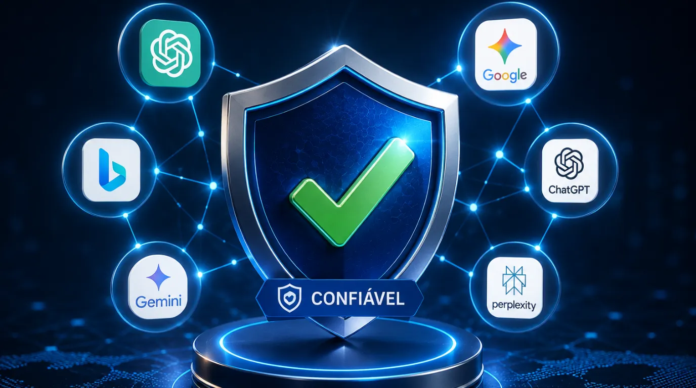 Ilustração digital futurista representando confiança algorítmica e autoridade de marca. No centro da imagem, um grande escudo de segurança com símbolo de aprovação aparece conectado a diferentes plataformas de inteligência artificial e mecanismos de busca, como ChatGPT, Gemini, Google, Bing e Perplexity.