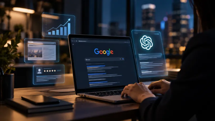 Imagem de executivo no notebook exibindo o Google e Chatgpt em um ambiente corporativo moderno e tecnológico, representando autoridade digital.