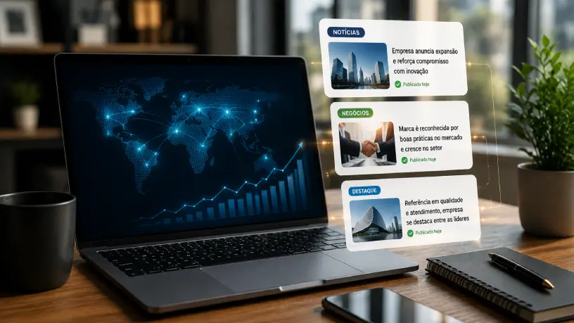 Homem analisando resultados de busca no Google em um notebook enquanto monitora sua reputação digital. Na tela, há um resultado destacado em vermelho e, ao lado do computador, um escudo simboliza a proteção da imagem e da identidade online