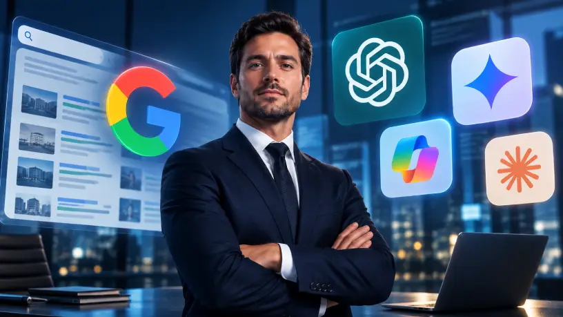Executivo de terno e braços cruzados em ambiente corporativo, cercado por elementos que representam o Google e ferramentas de inteligência artificial