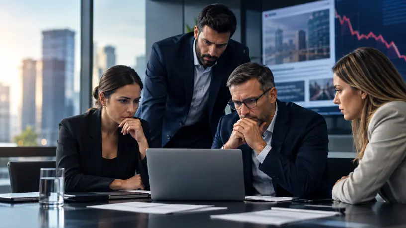 Equipe de executivos com duas mulheres e dois homens, reunida em uma sala corporativa analisando informações em um notebook durante uma situação de crise, com gráficos de queda e notícias ao fundo, representando gestão de crise corporativa