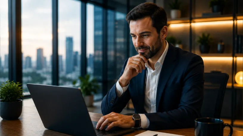 Executivo utiliza um notebook em um escritório moderno, representando estratégia, presença digital, reputação online e crescimento de negócios