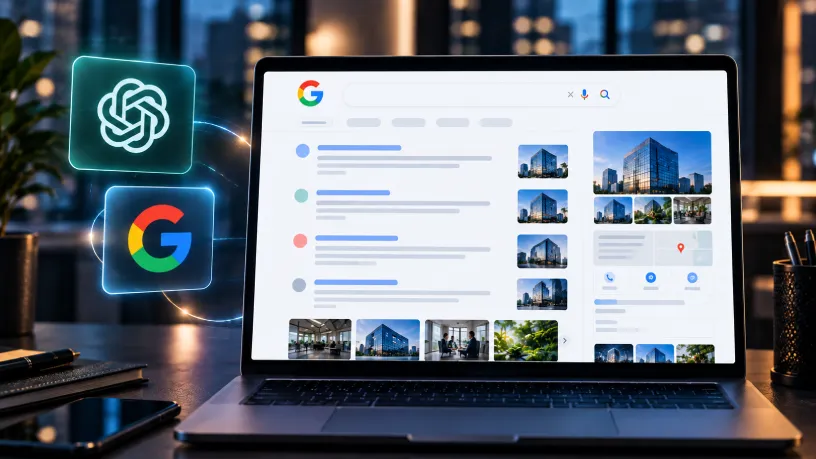 Imagem de um ambiente corporativo moderno com notebook exibindo resultados de busca sem texto, ao lado dos ícones do ChatGPT e Google conectados por elementos digitais, representando a influência do ativo reputacional nas buscas e respostas de IA.