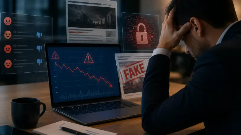 Executivo em um escritório observa preocupado a tela de um notebook com indicadores de queda e alertas digitais ao redor. Elementos visuais representam críticas nas redes sociais, notícias negativas, vazamento de dados e fake news, ilustrando os riscos que podem afetar a reputação empresarial e a credibilidade de uma marca no ambiente digital.