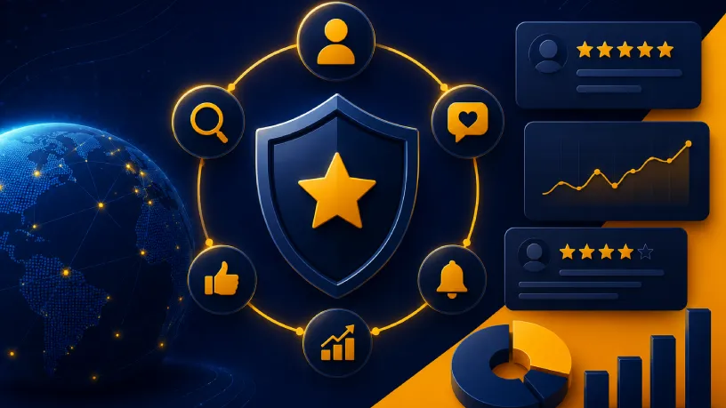 Peça de xadrez quebrada cercada por ícones de notificações negativas de redes sociais, gráficos de queda e alerta, representando uma crise reputacional