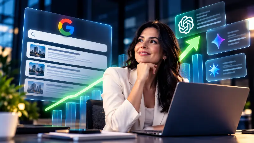Mulher de pele clara e cabelos pretos em ambiente corporativo, diante de um notebook, com elementos digitais do Google e de inteligências artificiais ao fundo, além de gráficos de crescimento que representam o posicionamento digital