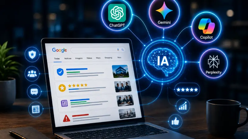 Notebook exibindo resultados do Google conectado aos ícones do ChatGPT, Gemini, Copilot e Perplexity, representando o papel da inteligência artificial na reputação digital e na visibilidade online das empresas.