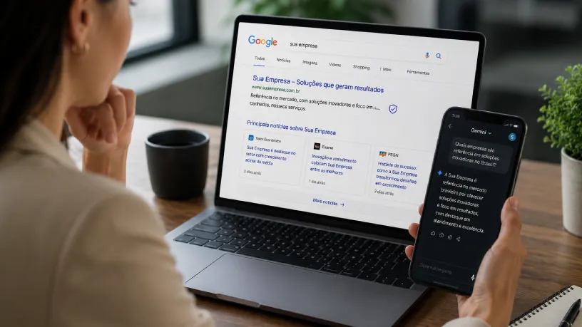 Pessoa utilizando notebook com interface de inteligência artificial e ícones de diferentes plataformas de IA, representando estratégias para uma marca aparecer na IA e ampliar sua visibilidade digital.