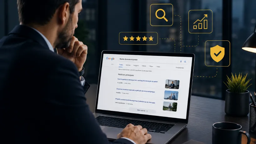 Executivo utiliza um notebook em um escritório moderno, representando estratégia, presença digital, reputação online e crescimento de negócios