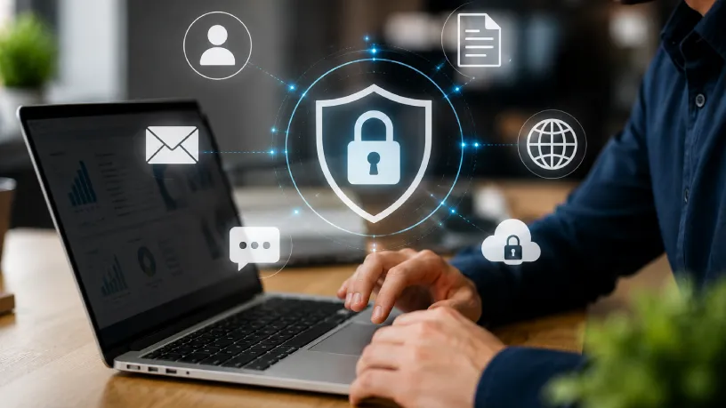 Proteção e segurança digital corporativa representada por um escudo com cadeado e ícones de redes sociais, e-mail e internet ao redor de um notebook.