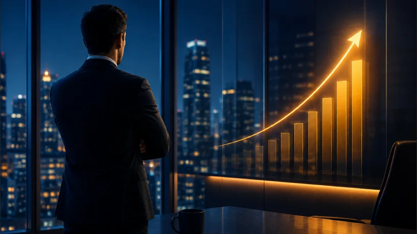 Imagem realista de um executivo de terno selecionando uma estrela dourada em uma avaliação de cinco estrelas, representando reputação digital, credibilidade, satisfação do cliente e fortalecimento da imagem da marca no ambiente online.