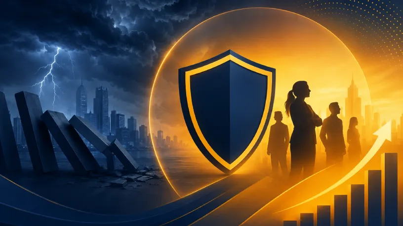 Imagem representando crise empresarial, com efeito de dominós caindo sob uma tempestade e relâmpagos, contrastando com um escudo de proteção que simboliza gestão de reputação, prevenção de danos e crescimento sustentável da empresa, destacando estratégias de proteção da marca em cenários de risco.