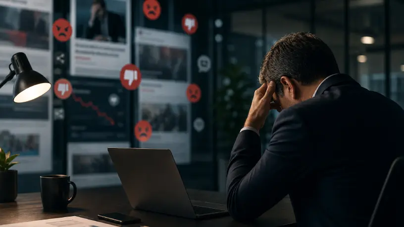 Executivo utiliza um notebook em um escritório moderno enquanto acessa um portal de notícias em um ambiente que remete a uma redação jornalística. A imagem representa a divulgação de notícias corporativas, fortalecimento da credibilidade empresarial e assessoria de imprensa digital