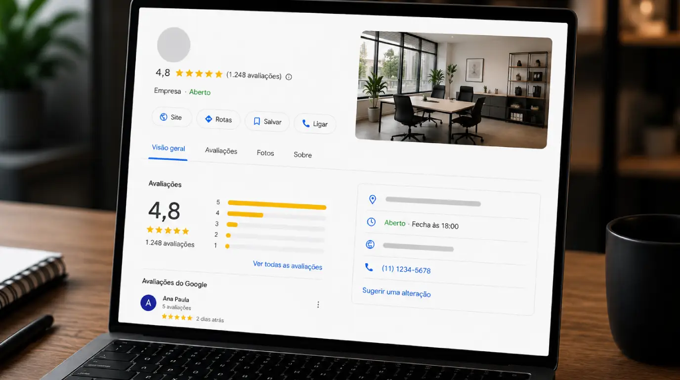Imagem de um notebook aberto sobre uma mesa de madeira em um ambiente corporativo moderno. Na tela, aparece um perfil empresarial no Google Meu Negócio, exibindo avaliações de clientes, nota média de 4,8 estrelas e informações da empresa.