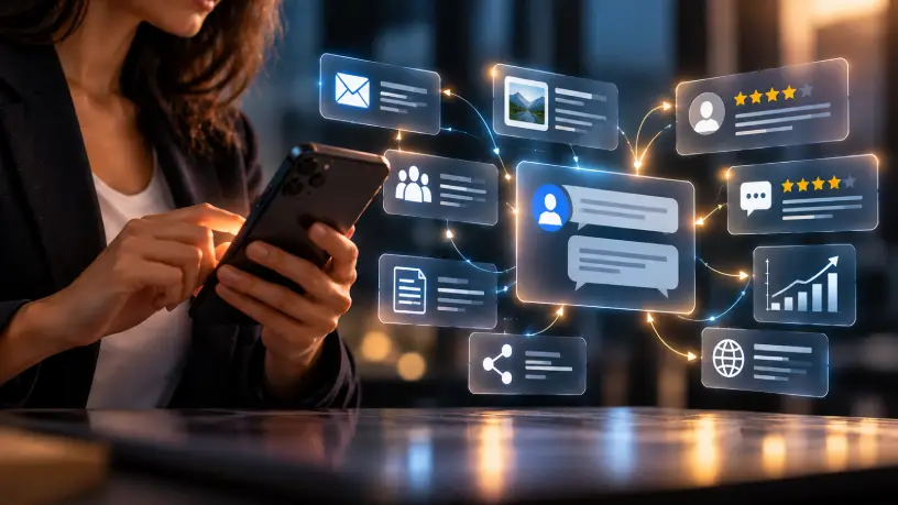 Comunicação digital representada por profissional usando smartphone, cercada por elementos de mensagens, avaliações, conteúdo online e indicadores de desempenho que mostram sua influência na reputação da empresa.