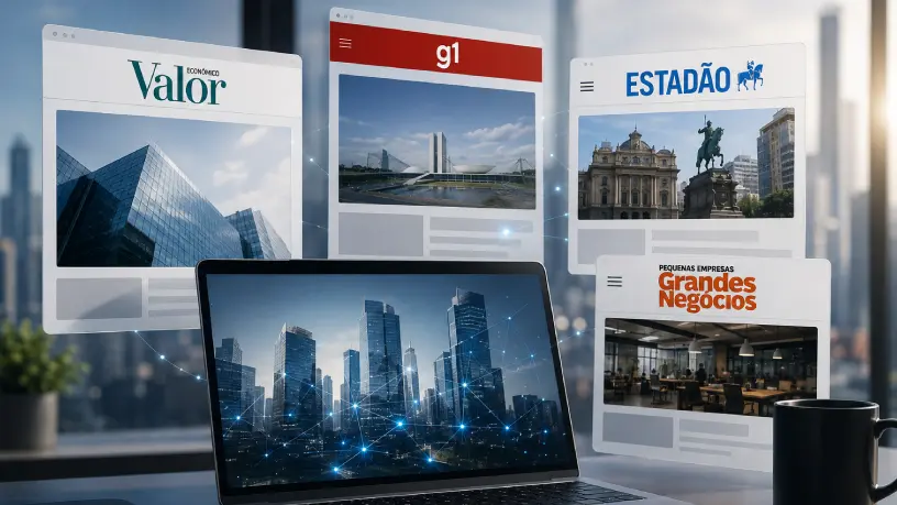 Notebook em ambiente corporativo moderno, cercado por representações dos portais Valor Econômico, G1, Estadão e Pequenas Empresas & Grandes Negócios, simbolizando presença de marcas em grandes veículos de comunicação e fortalecimento da autoridade digital