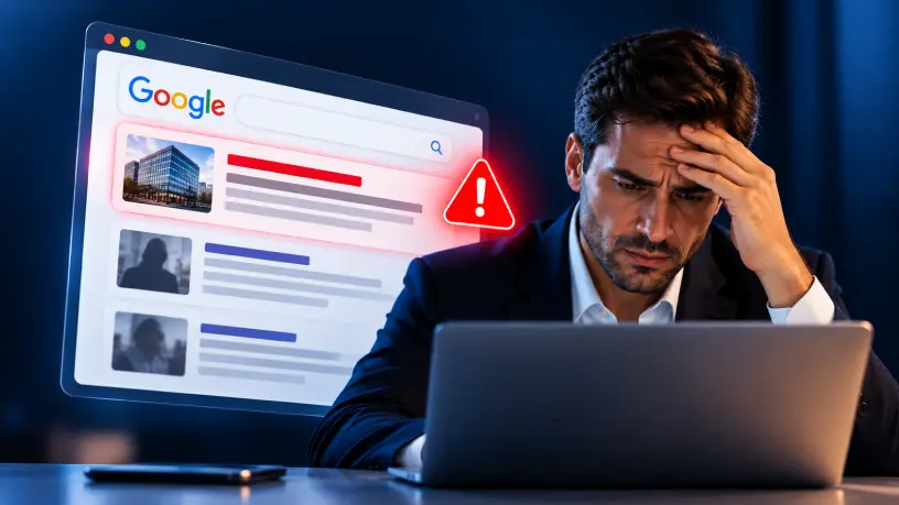 Executivo com expressão de preocupação, sentado diante de um notebook e com a mão na testa. Ao fundo, uma página de resultados do Google exibe uma notícia destacada em vermelho e um símbolo de alerta, representando uma crise de reputação digital.