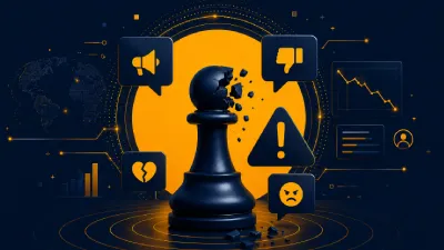 Peça de xadrez quebrada cercada por ícones de notificações negativas de redes sociais, gráficos de queda e alerta, representando uma crise reputacional