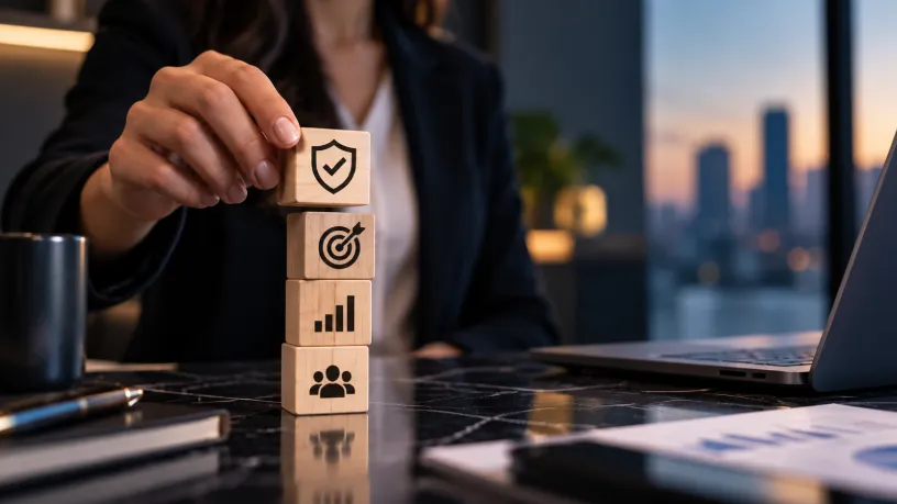 Profissional organiza blocos com símbolos de proteção, estratégia, crescimento e público, sob uma mesa de escritório, representando os cuidados com a reputação digital de uma empresa.