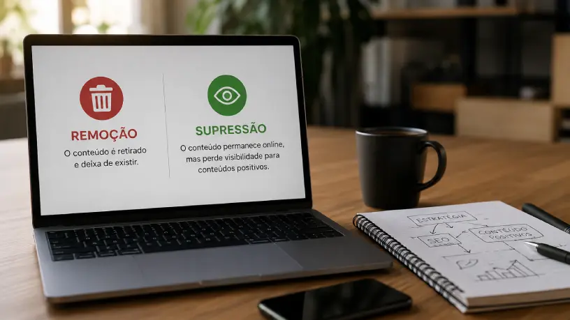 Notebook exibindo uma comparação entre remoção e supressão de conteúdo em uma mesa de escritório. Ao lado, um bloco de anotações com estratégias de SEO e fortalecimento de conteúdo positivo representa ações de gestão de reputação digital para reduzir a visibilidade de conteúdos negativos e fortalecer a presença online de uma marca.