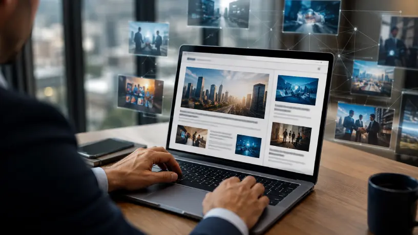 Profissional analisa estratégias de otimização para IA e SEO tradicional em um notebook, em um ambiente corporativo moderno com ícones digitais em azul neon