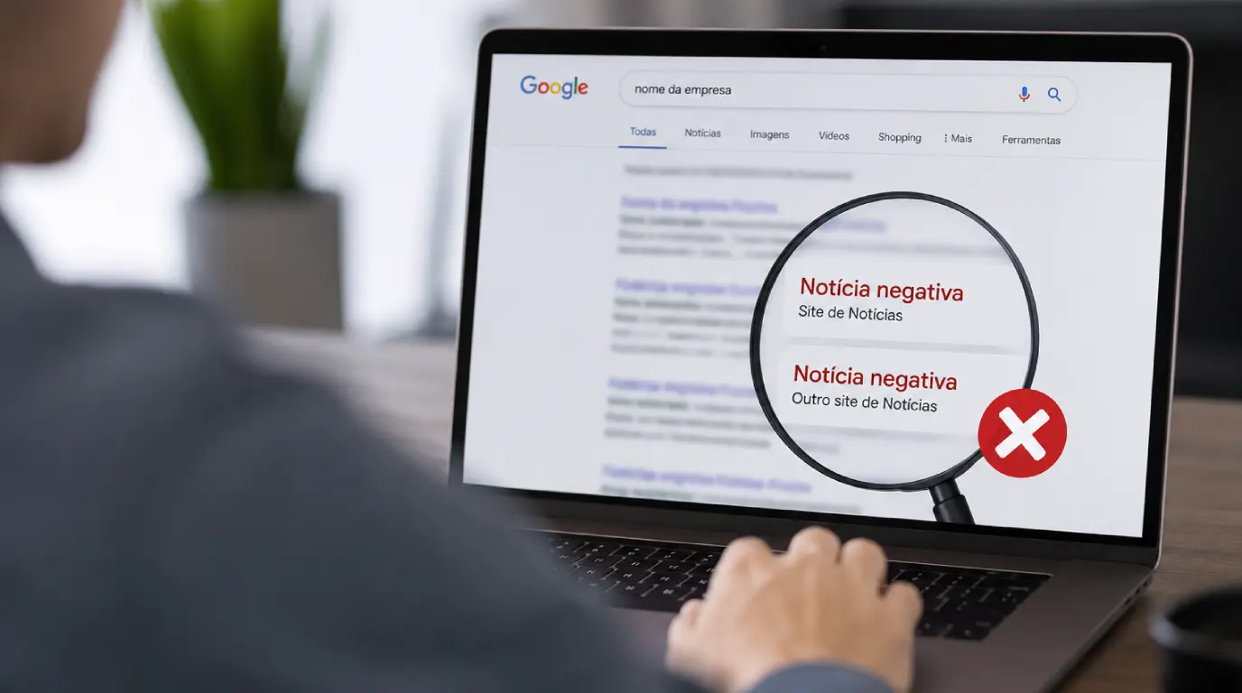 Pessoa utilizando um notebook em ambiente corporativo enquanto pesquisa informações no Google. Na tela, resultados de busca exibem notícias negativas relacionadas a uma empresa.