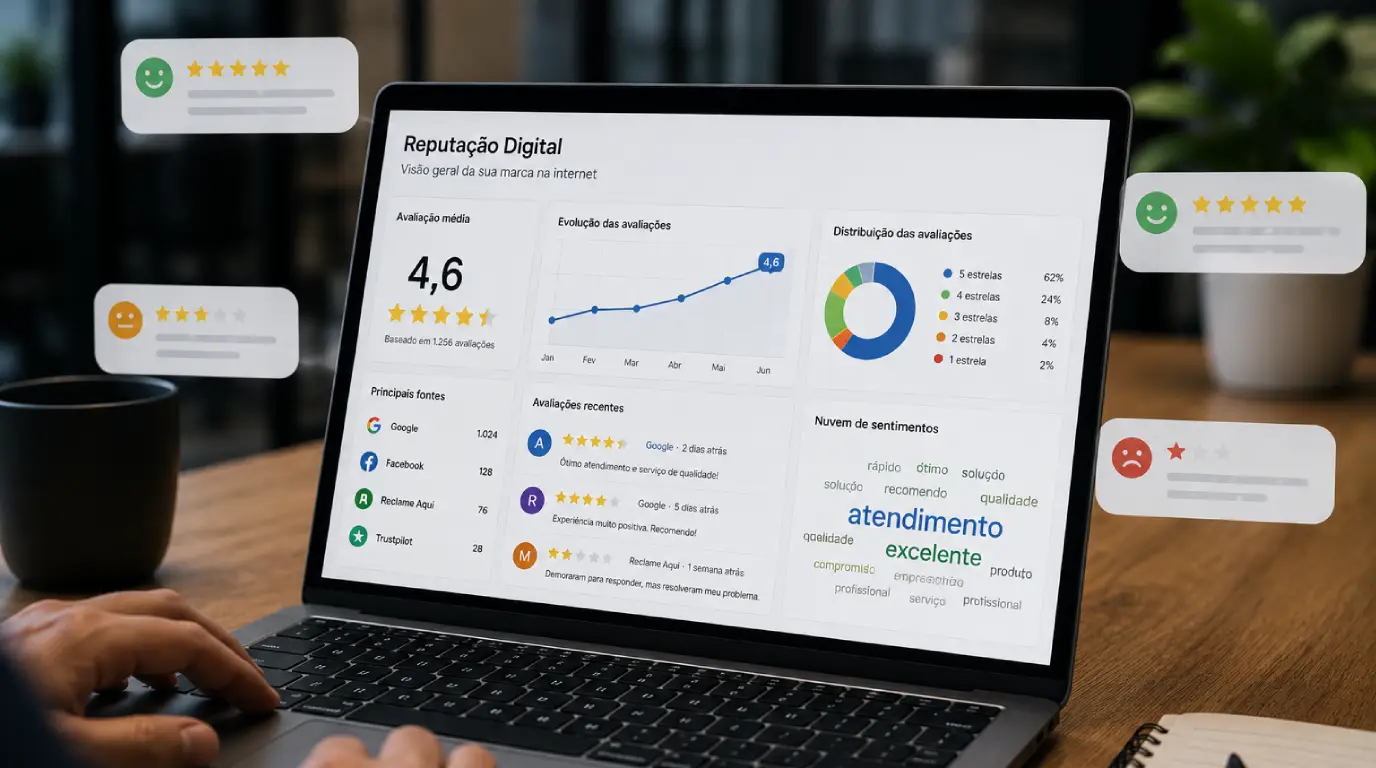 Imagem ilustrativa sobre gestão de reputação digital de empresas. Um profissional utiliza um notebook que exibe um painel de monitoramento de reputação online com avaliações de clientes, nota média, gráficos de desempenho