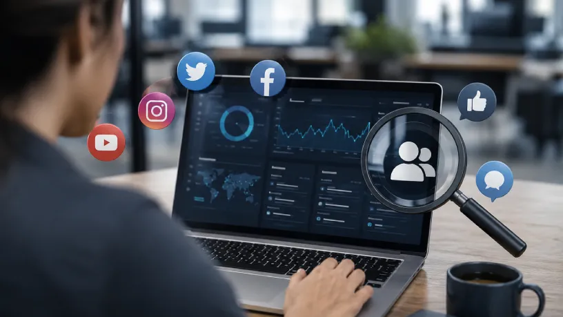 Imagem ilustrando monitoramento de reputação online, com profissional analisando métricas em um notebook, cercado por ícones de redes sociais, comentários e interações, destacando o acompanhamento de menções, engajamento e percepção da marca no ambiente digital.