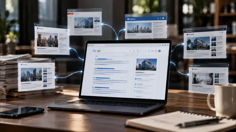 Imagem sobre posicionamento no Google, com notebook exibindo resultados de busca e páginas de sites de credibilidade conectadas, representando autoridade, menções e presença digital.