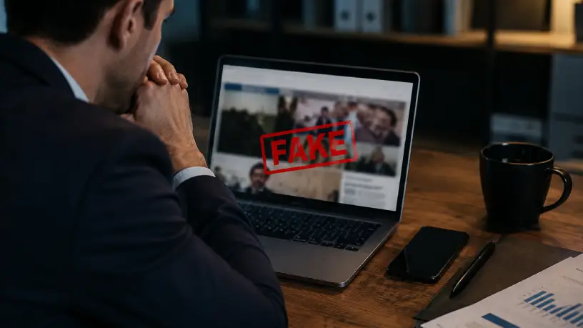 Empresário observa preocupado a tela de um notebook enquanto olha uma fake news relacionada à sua empresa.