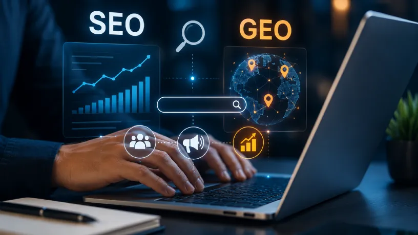 Profissional utilizando notebook com elementos gráficos de SEO, GEO, busca e análise de dados em ambiente tecnológico, representando estratégias para ampliar a visibilidade da marca