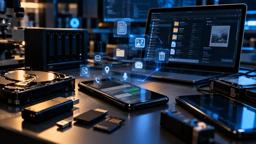 Perícia digital em ambiente tecnológico, com smartphone, notebook, HDs, pendrives e cartões de memória, além de ícones representando mensagens, arquivos, localização, fotos e recuperação de dados.