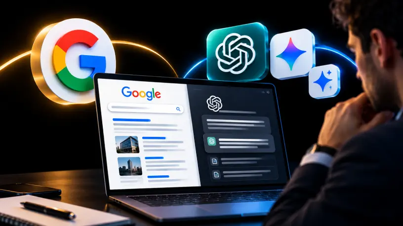 Mulher negra com cabelo black power e expressão reflexiva em frente a um notebook, cercada pelos ícones do Google e de inteligências artificiais, com setas verdes de crescimento ao fundo, representando comunicação corporativa no ambiente digital.