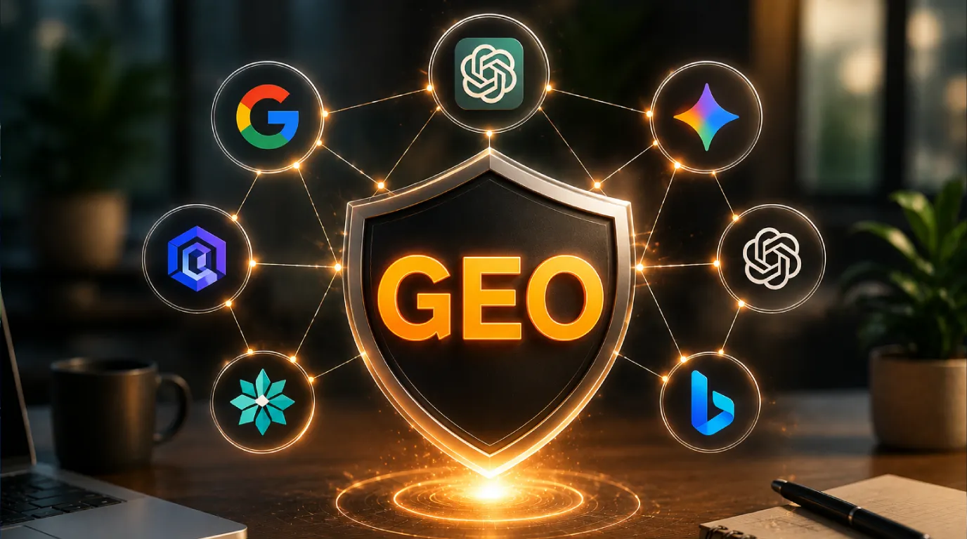 Ilustração digital realista representando GEO (Generative Engine Optimization). No centro da imagem, um escudo tecnológico exibe a sigla GEO em destaque na cor laranja, simbolizando autoridade, confiança e visibilidade digital. Ao redor, ícones conectados por uma rede inteligente remetem a plataformas de inteligência artificial e mecanismos de busca.