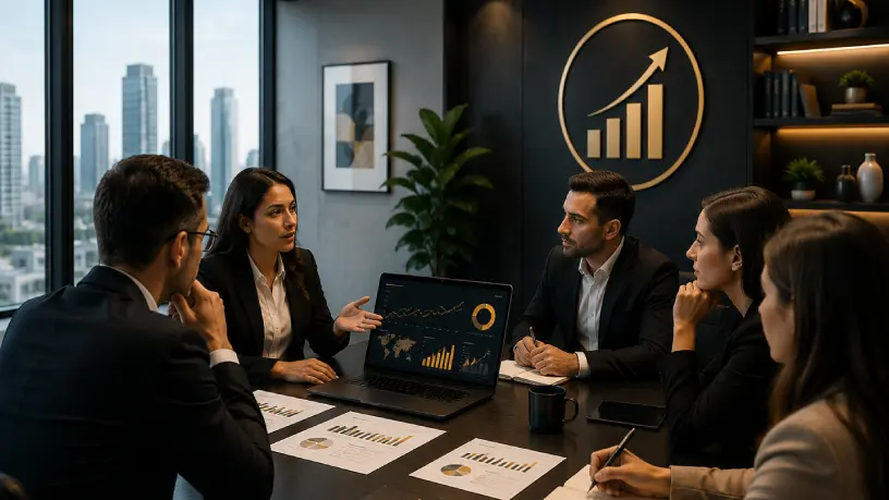 Imagem realista de uma reunião corporativa, com dois homens e três mulheres, sobre gestão de crise na era digital, com os executivos sentados analisando indicadores e estratégias em uma sala de reuniões, reforçando planejamento, prevenção e tomada de decisão empresarial.
